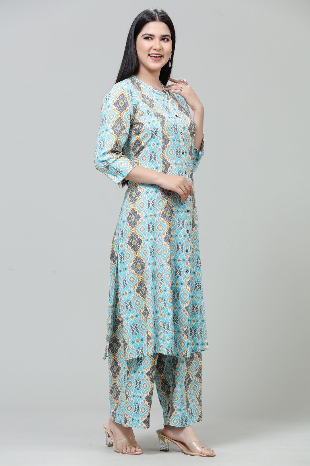 Sky Blue Poly Silk Straight Printed Kurta Pant Co ord set