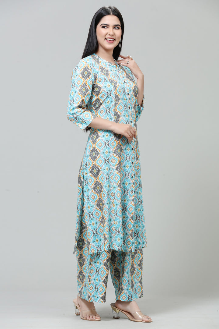 Sky Blue Poly Silk Straight Printed Kurta Pant Co ord set