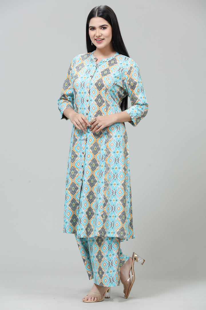 Sky Blue Poly Silk Straight Printed Kurta Pant Co ord set