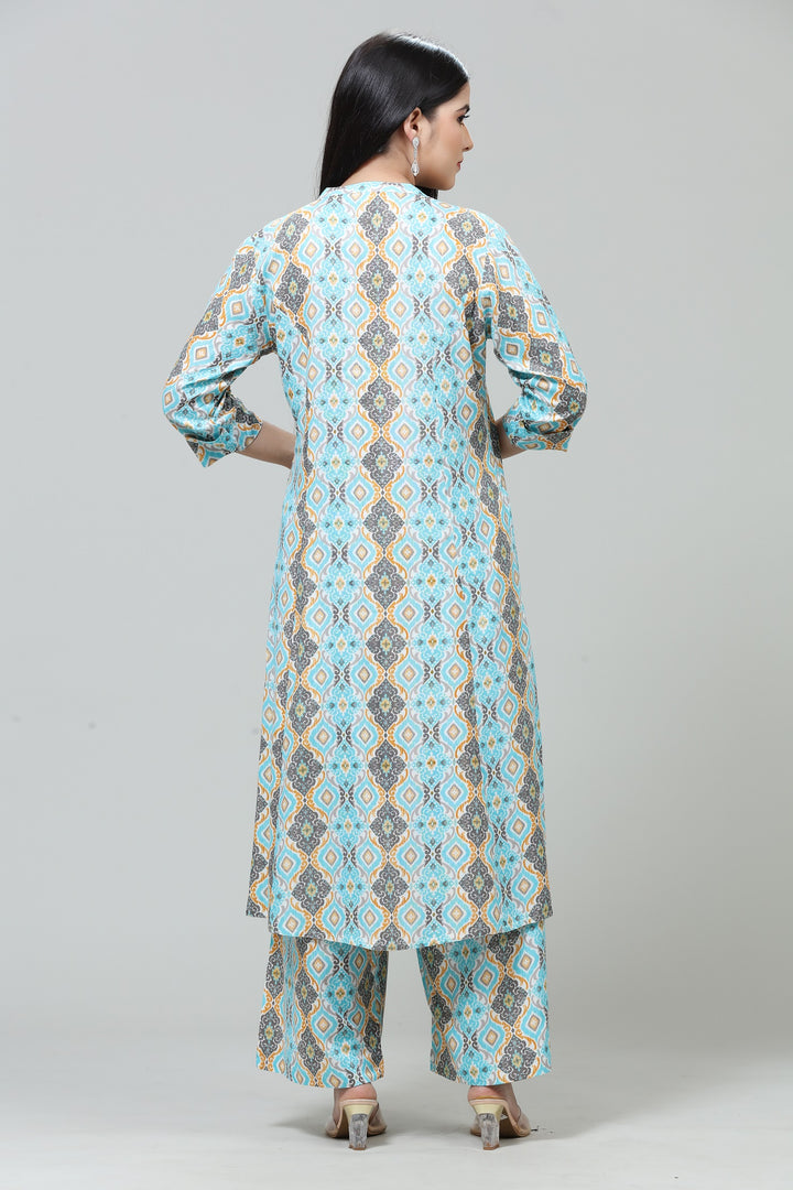 Sky Blue Poly Silk Straight Printed Kurta Pant Co ord set