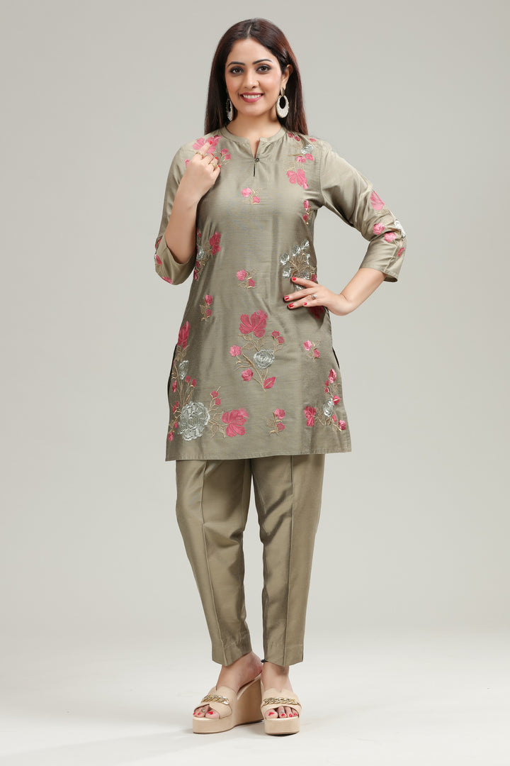 Dark Beige PolySilk Straight Embroidered Kurta Pant Co ord Set