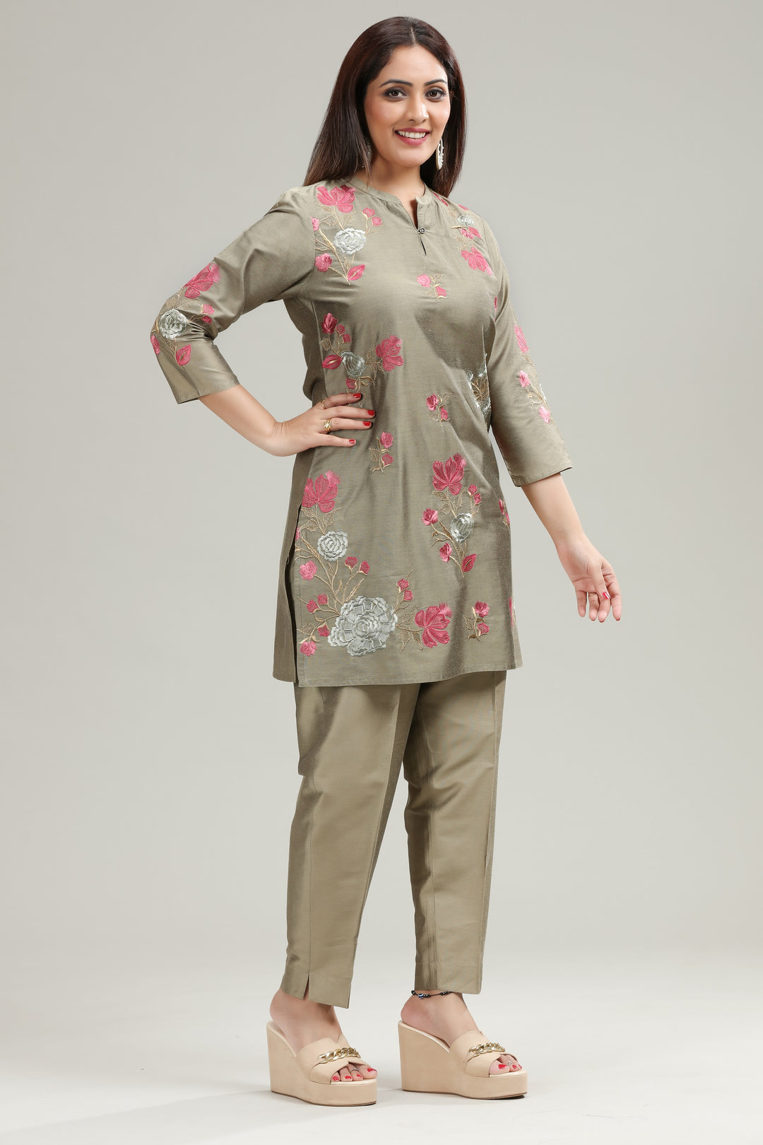 Dark Beige PolySilk Straight Embroidered Kurta Pant Co ord Set