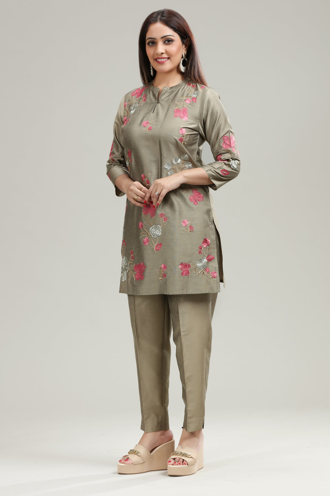 Dark Beige PolySilk Straight Embroidered Kurta Pant Co ord Set