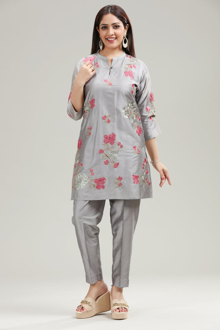 Gray PolySilk Straight Embroidered Kurta Pant Co ord Set