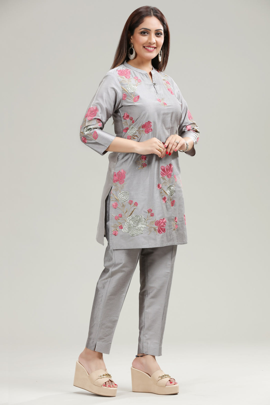 Gray PolySilk Straight Embroidered Kurta Pant Co ord Set