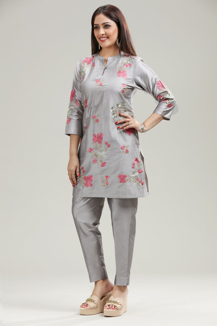 Gray PolySilk Straight Embroidered Kurta Pant Co ord Set