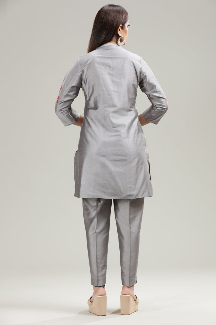 Gray PolySilk Straight Embroidered Kurta Pant Co ord Set