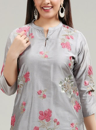 Gray PolySilk Straight Embroidered Kurta Pant Co ord Set