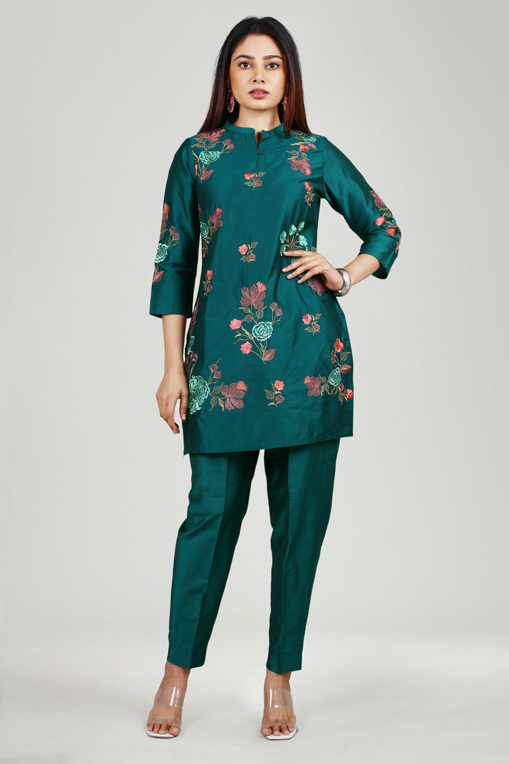 Teal PolySilk Straight Embroidered Kurta Pant Co ord Set