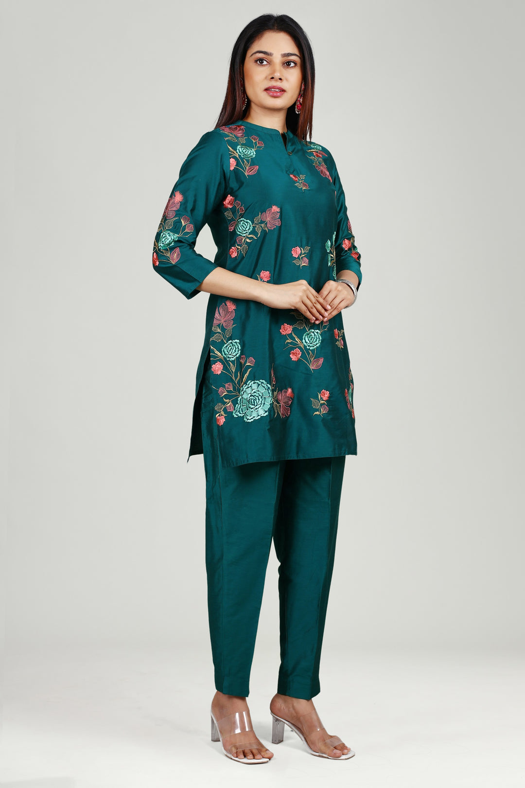 Teal PolySilk Straight Embroidered Kurta Pant Co ord Set