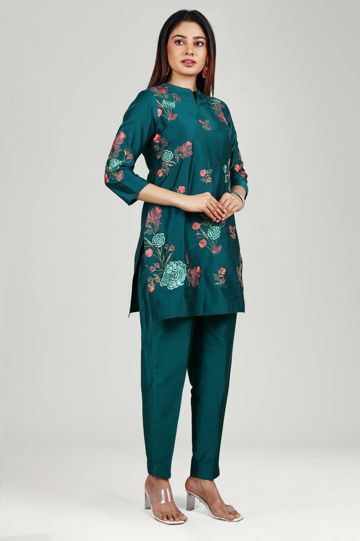 Teal PolySilk Straight Embroidered Kurta Pant Co ord Set