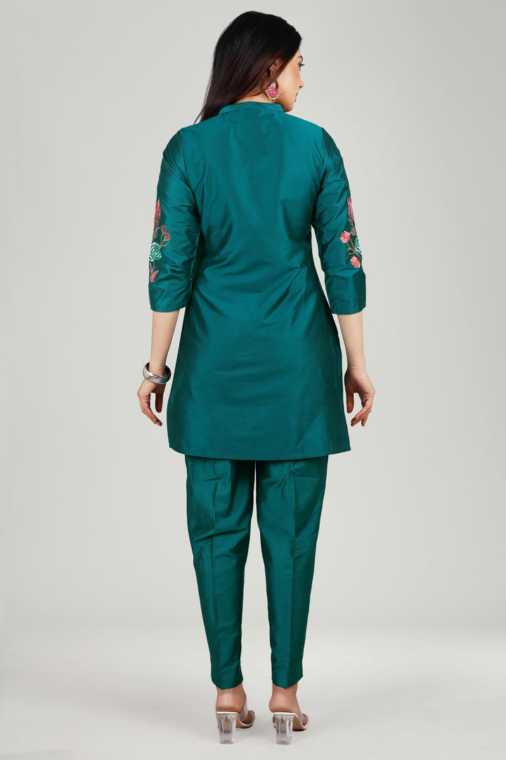 Teal PolySilk Straight Embroidered Kurta Pant Co ord Set