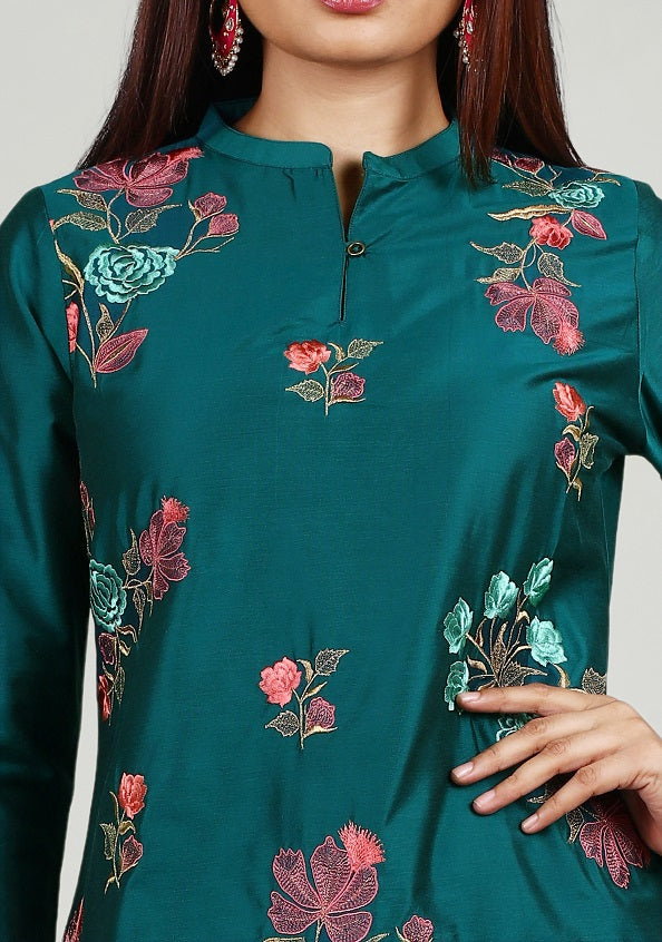 Teal PolySilk Straight Embroidered Kurta Pant Co ord Set