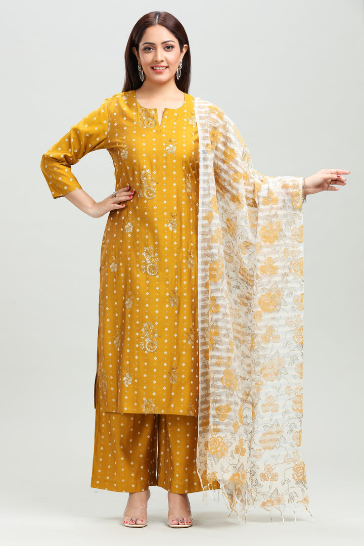 Mustard PolySilk Straight Embroidered Kurta Pant Suit Set