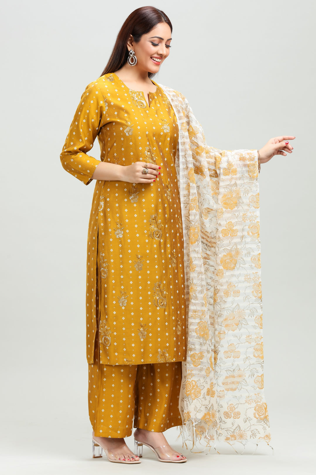 Mustard PolySilk Straight Embroidered Kurta Pant Suit Set