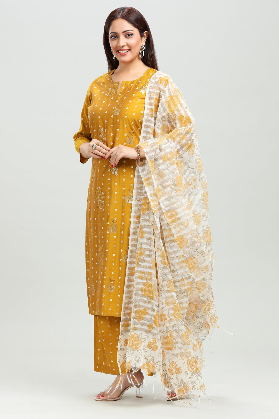 Mustard PolySilk Straight Embroidered Kurta Pant Suit Set