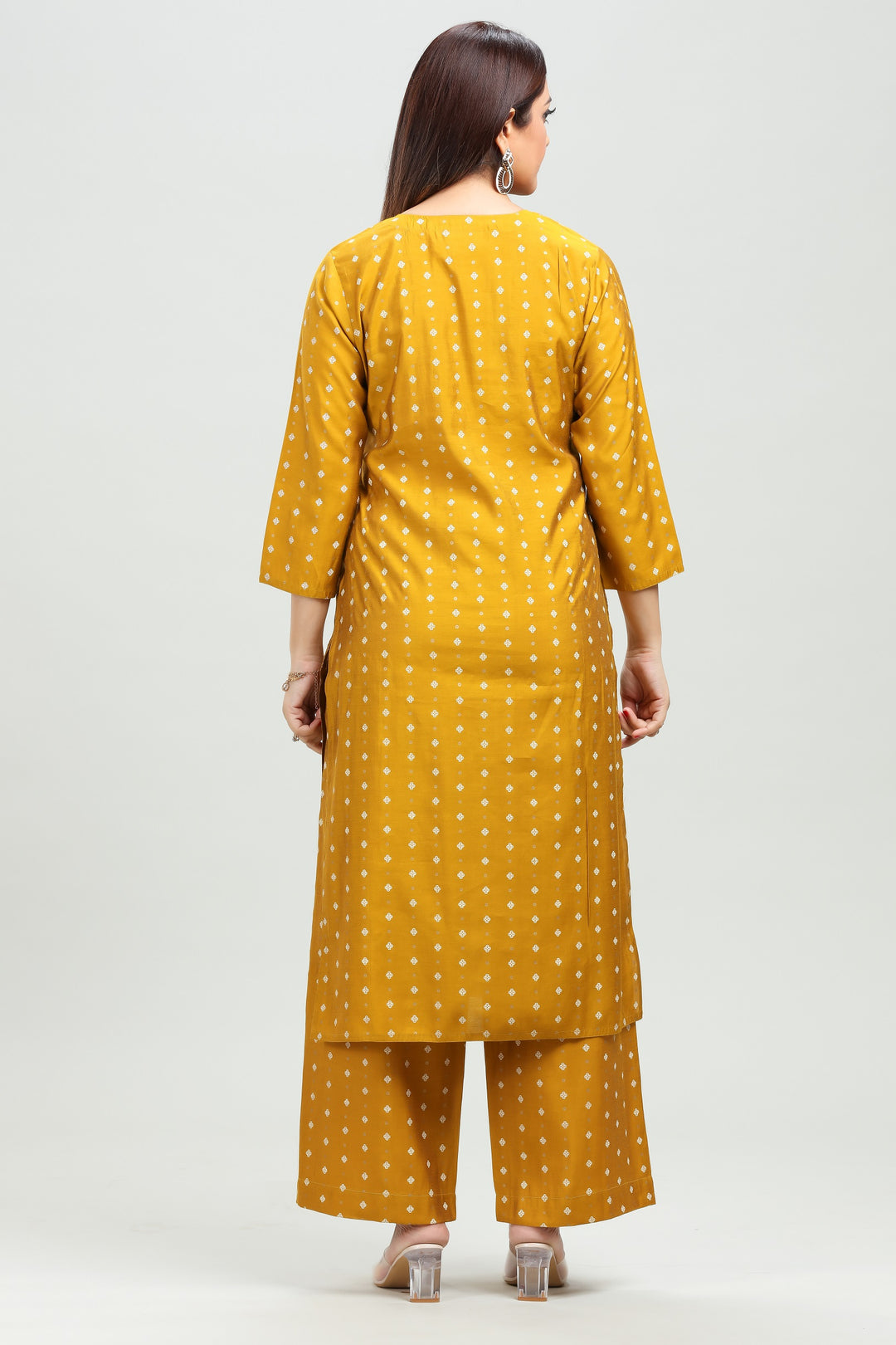 Mustard PolySilk Straight Embroidered Kurta Pant Suit Set