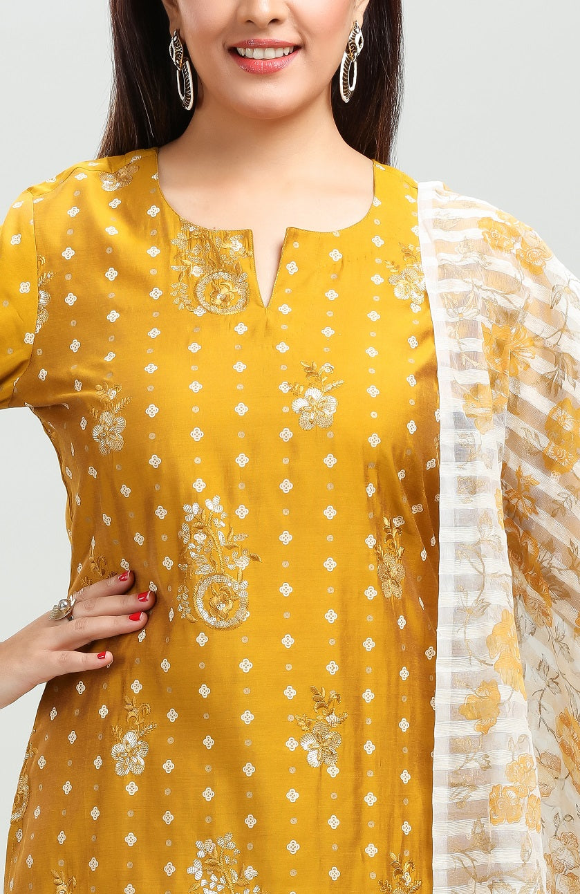 Mustard PolySilk Straight Embroidered Kurta Pant Suit Set