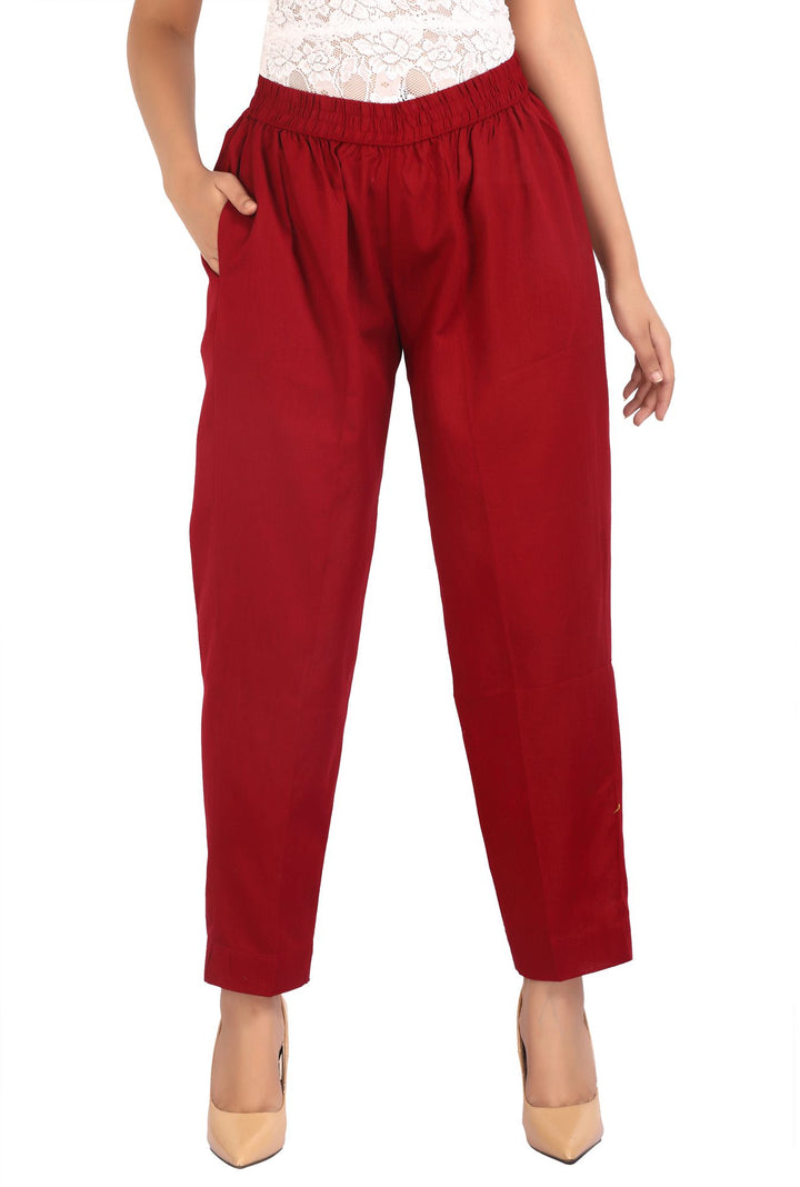 Maroon Solid Cotton Pant