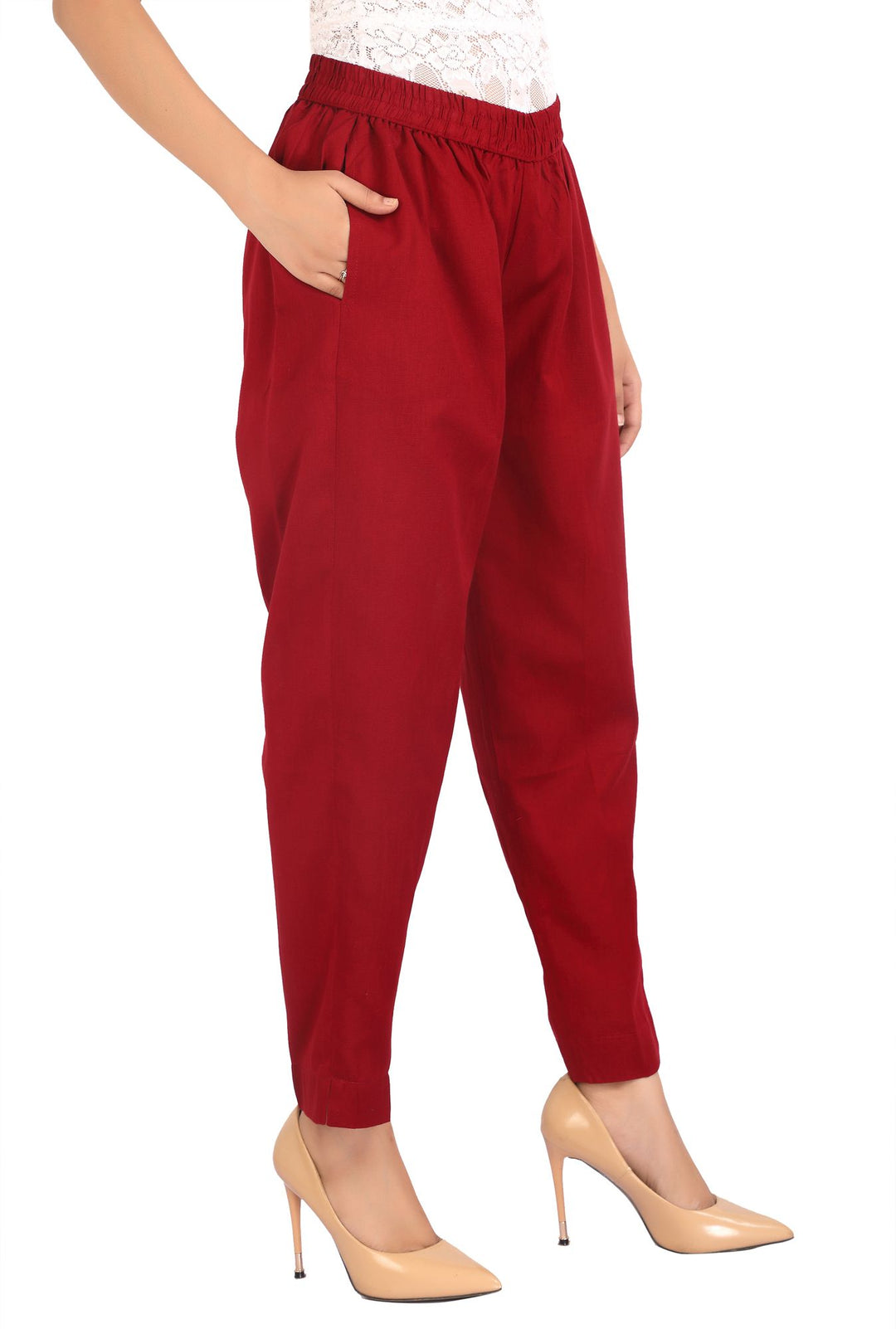 Maroon Solid Cotton Pant