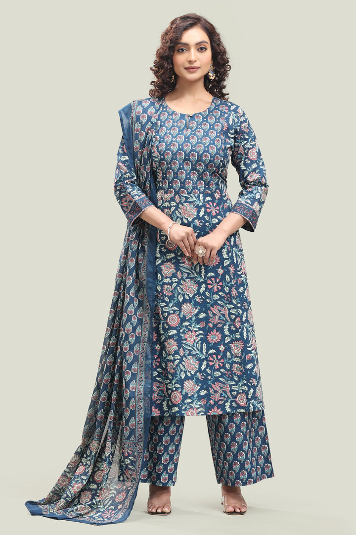 Indigo Blue Jaipuri Cotton Straight Printed Kurta Pant Suit Set