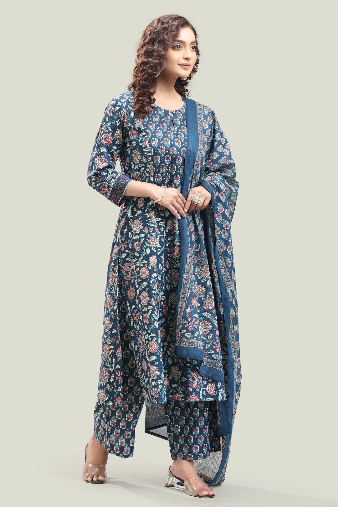 Indigo Blue Jaipuri Cotton Straight Printed Kurta Pant Suit Set