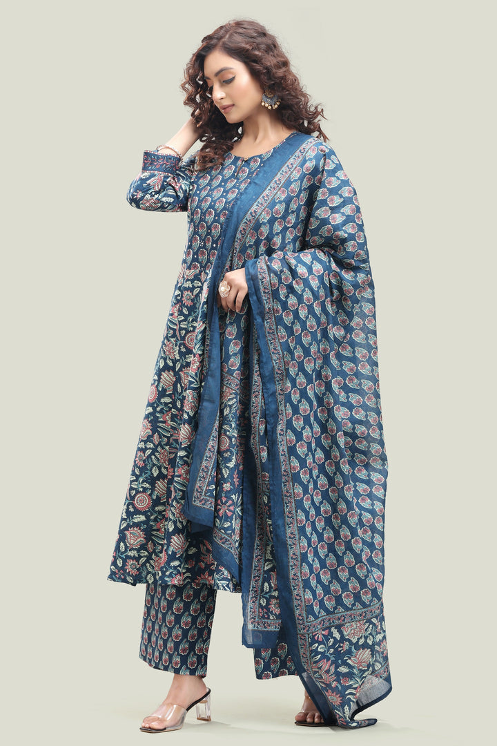 Indigo Blue Jaipuri Cotton Straight Printed Kurta Pant Suit Set