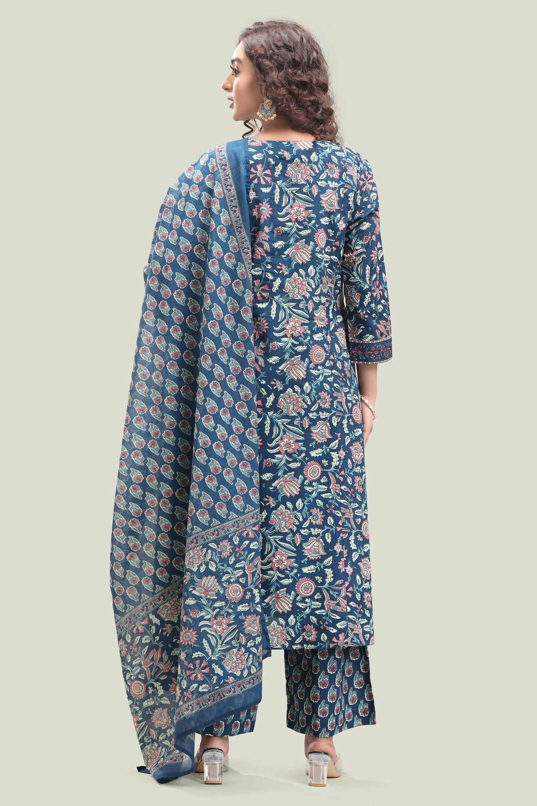 Indigo Blue Jaipuri Cotton Straight Printed Kurta Pant Suit Set