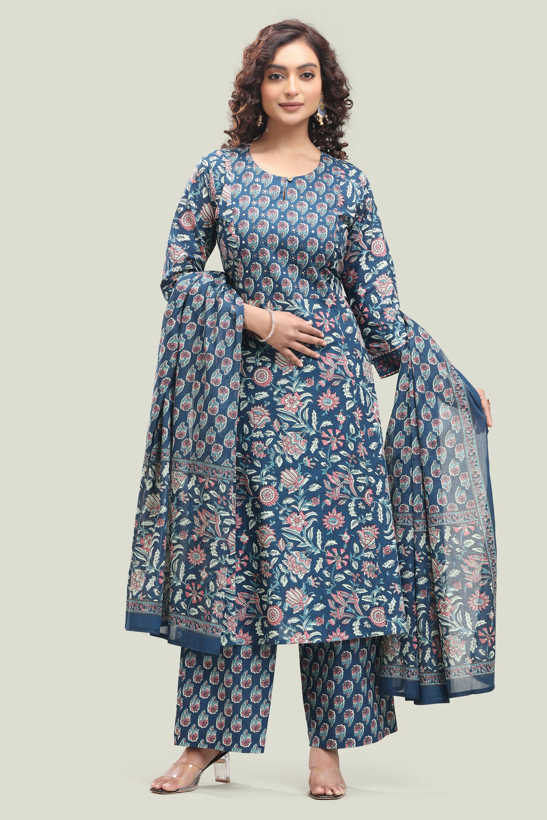 Indigo Blue Jaipuri Cotton Straight Printed Kurta Pant Suit Set