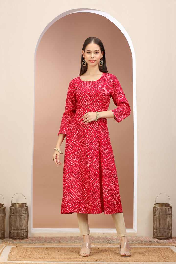 Rani Pink Rayon Printed A Line kurta