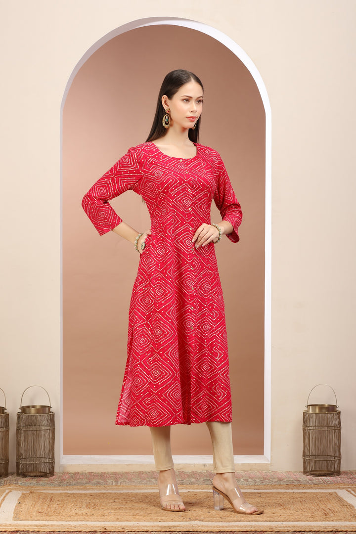 Rani Pink Rayon Printed A Line kurta