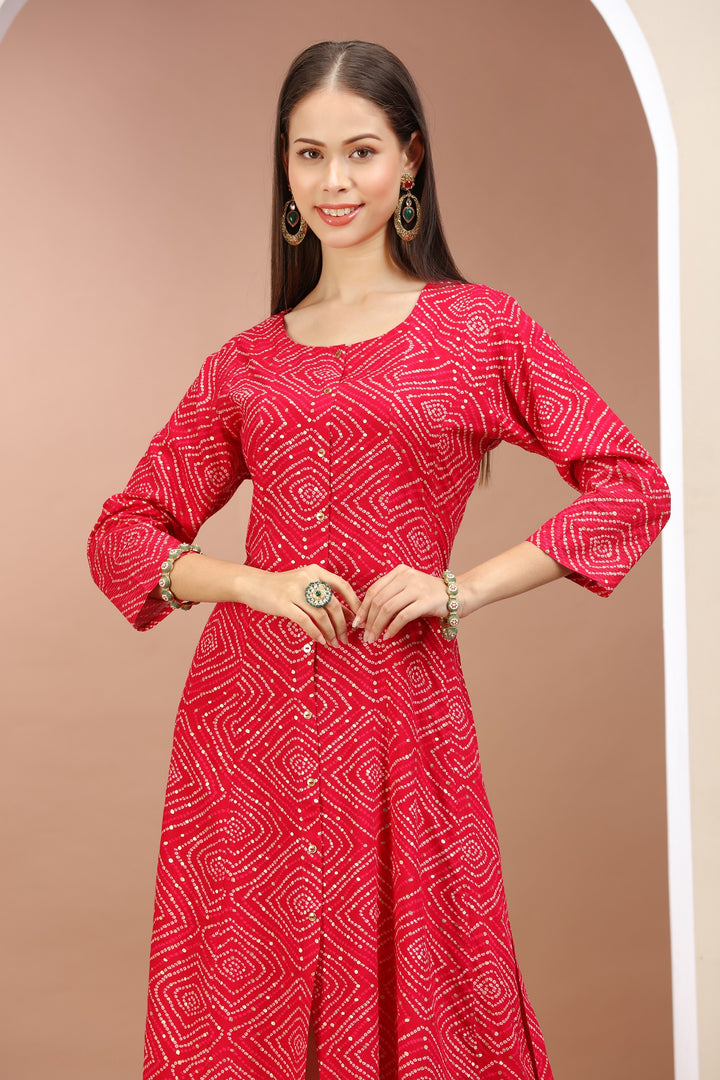 Rani Pink Rayon Printed A Line kurta