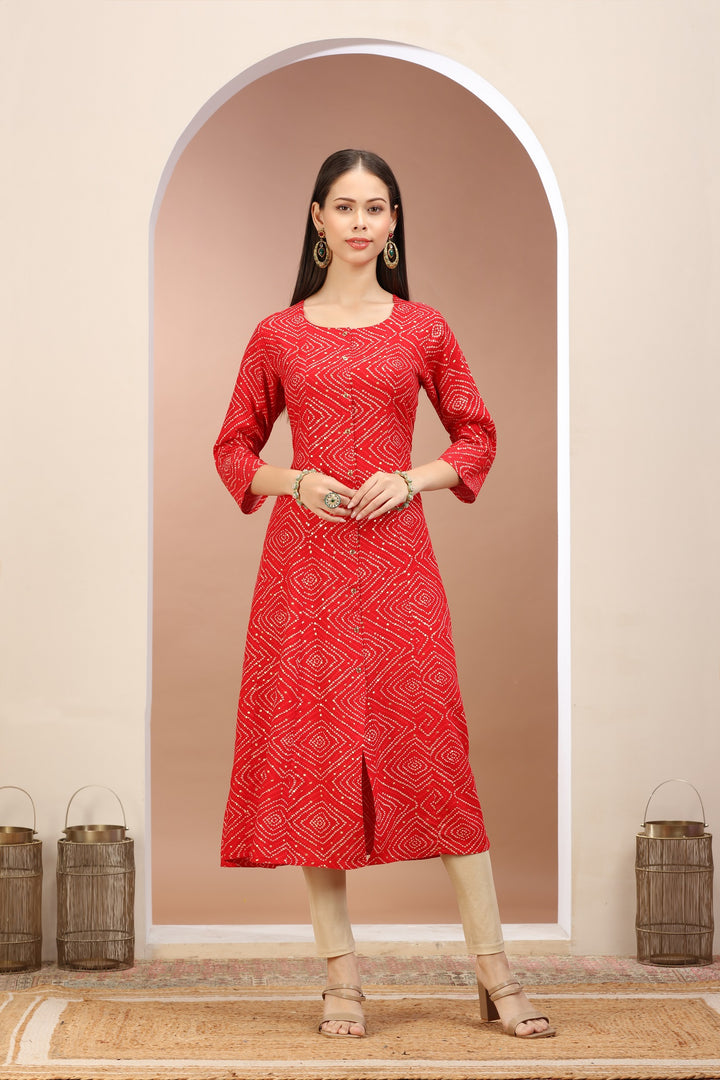 Red Rayon Printed A Line kurta