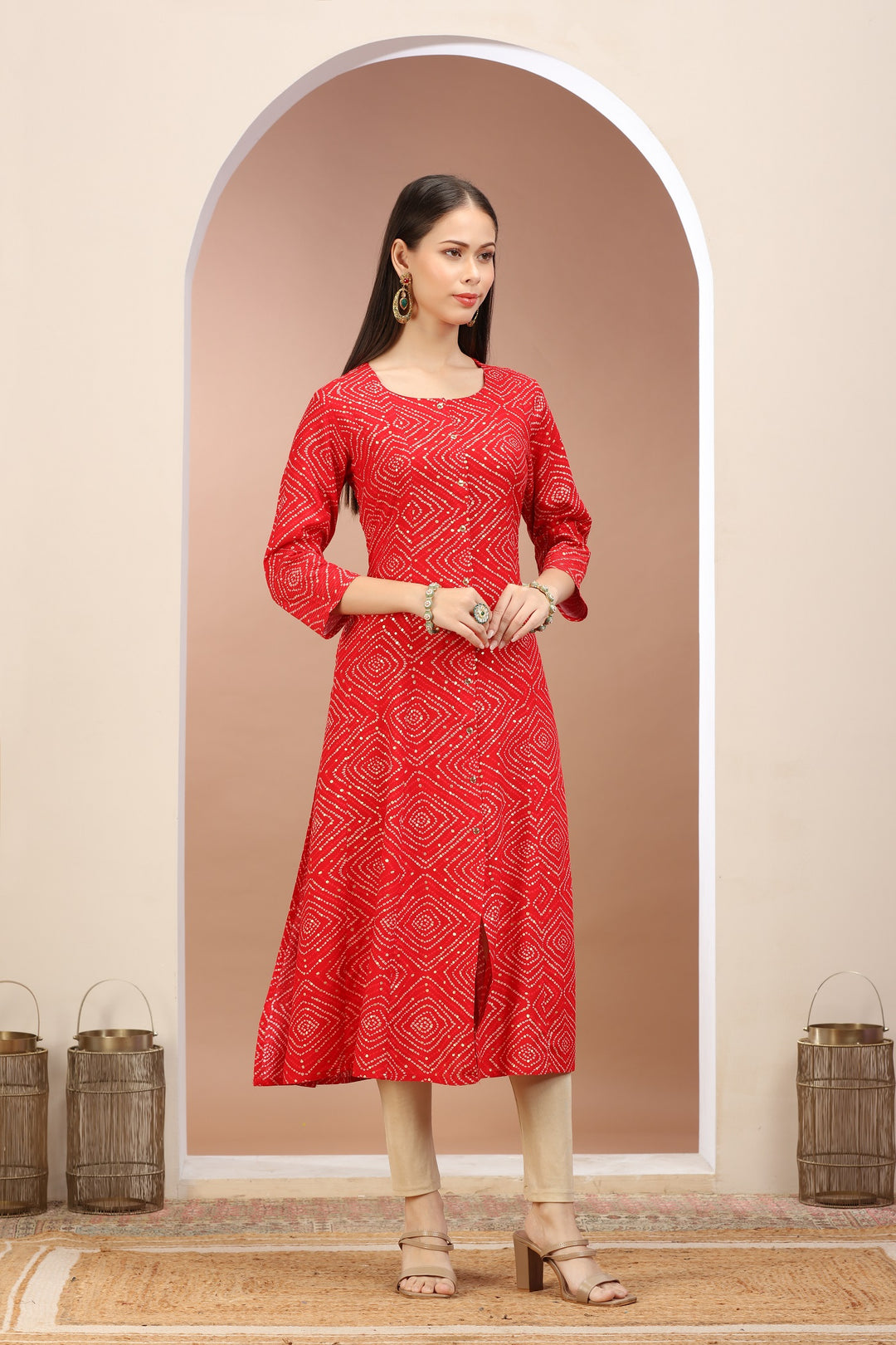 Red Rayon Printed A Line kurta