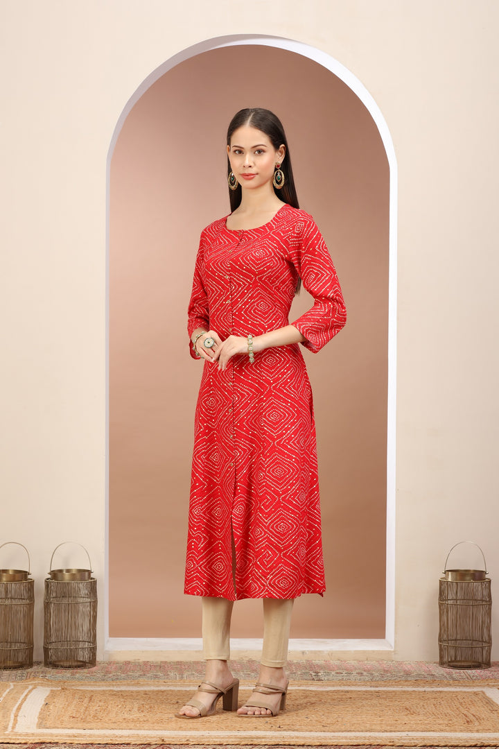 Red Rayon Printed A Line kurta