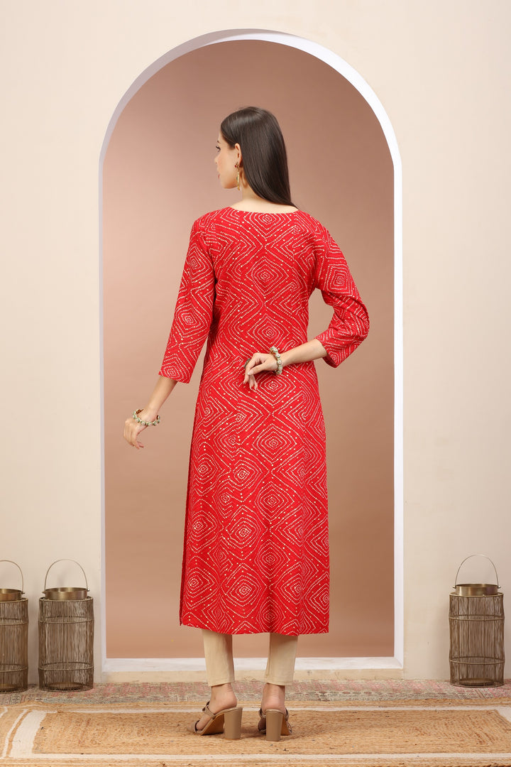 Red Rayon Printed A Line kurta