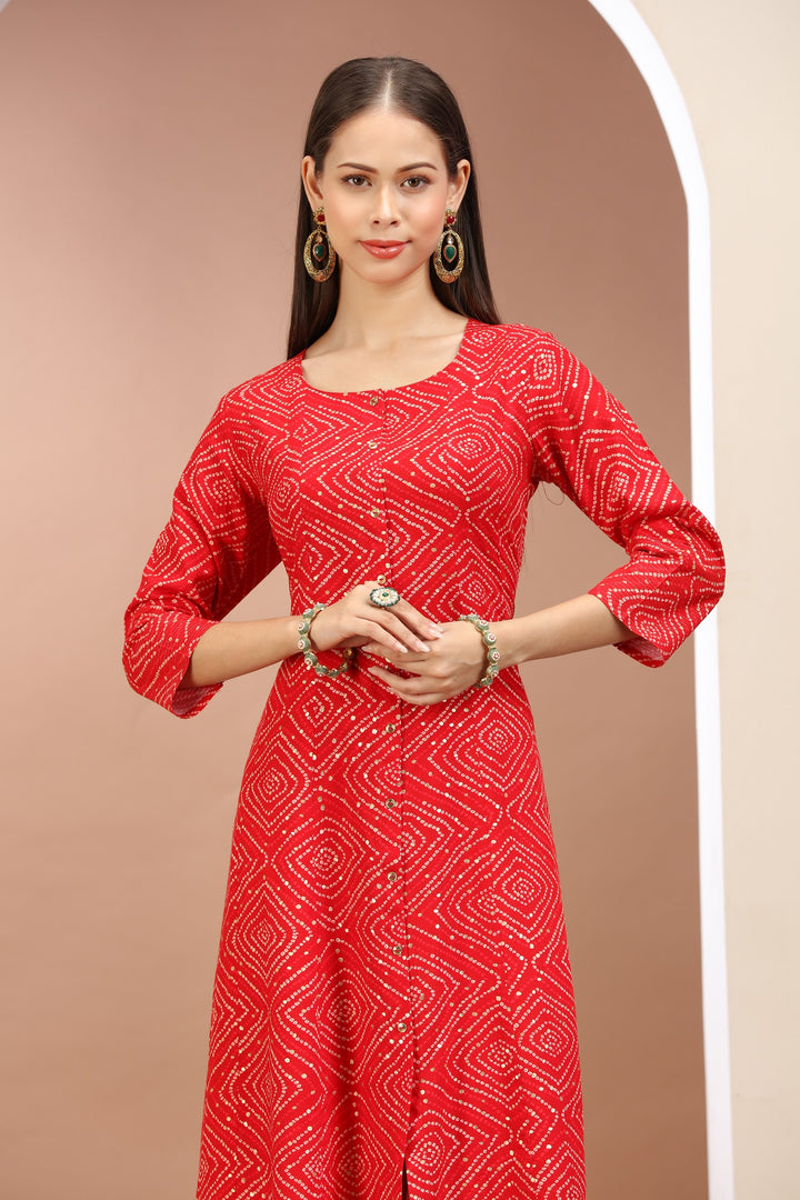 Red Rayon Printed A Line kurta