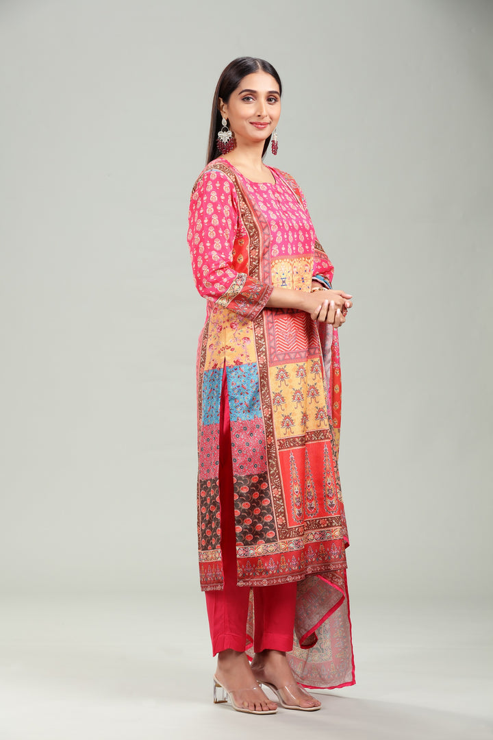 Multicolor Cotton A Line Printed Kurta Pant Suit Set