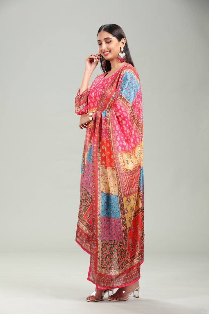 Multicolor Cotton A Line Printed Kurta Pant Suit Set