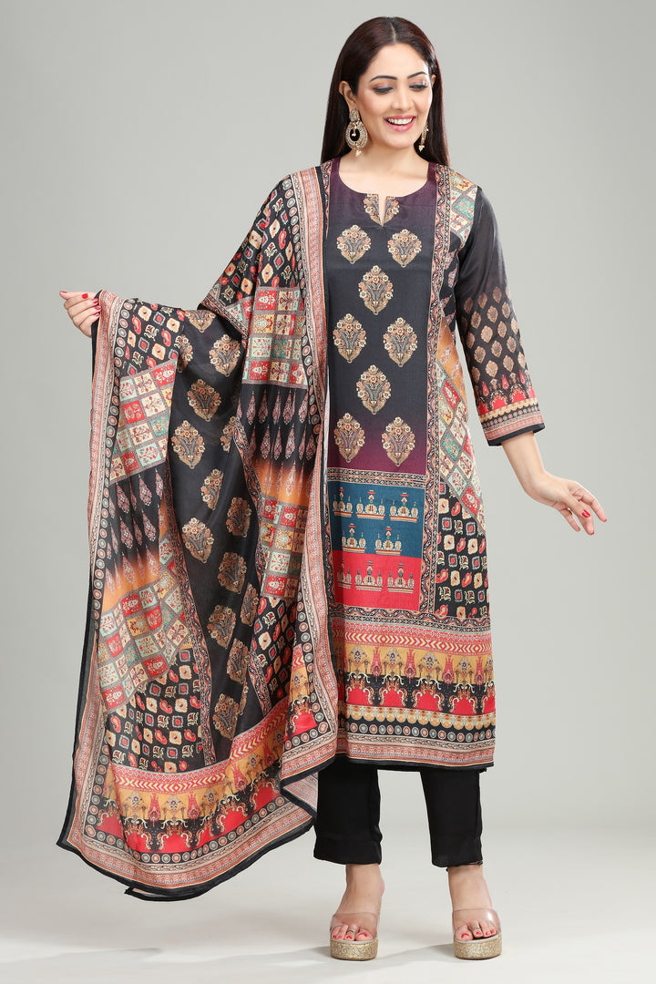 Black Viscose Straight Printed Kurta Pant Suit Set