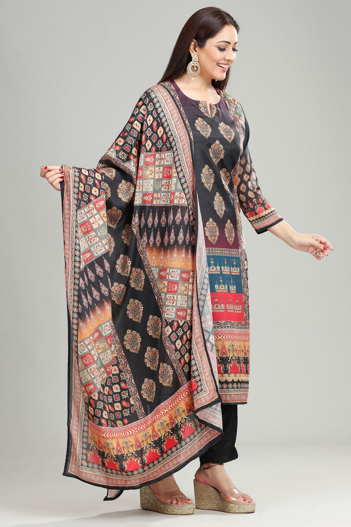 Black Viscose Straight Printed Kurta Pant Suit Set