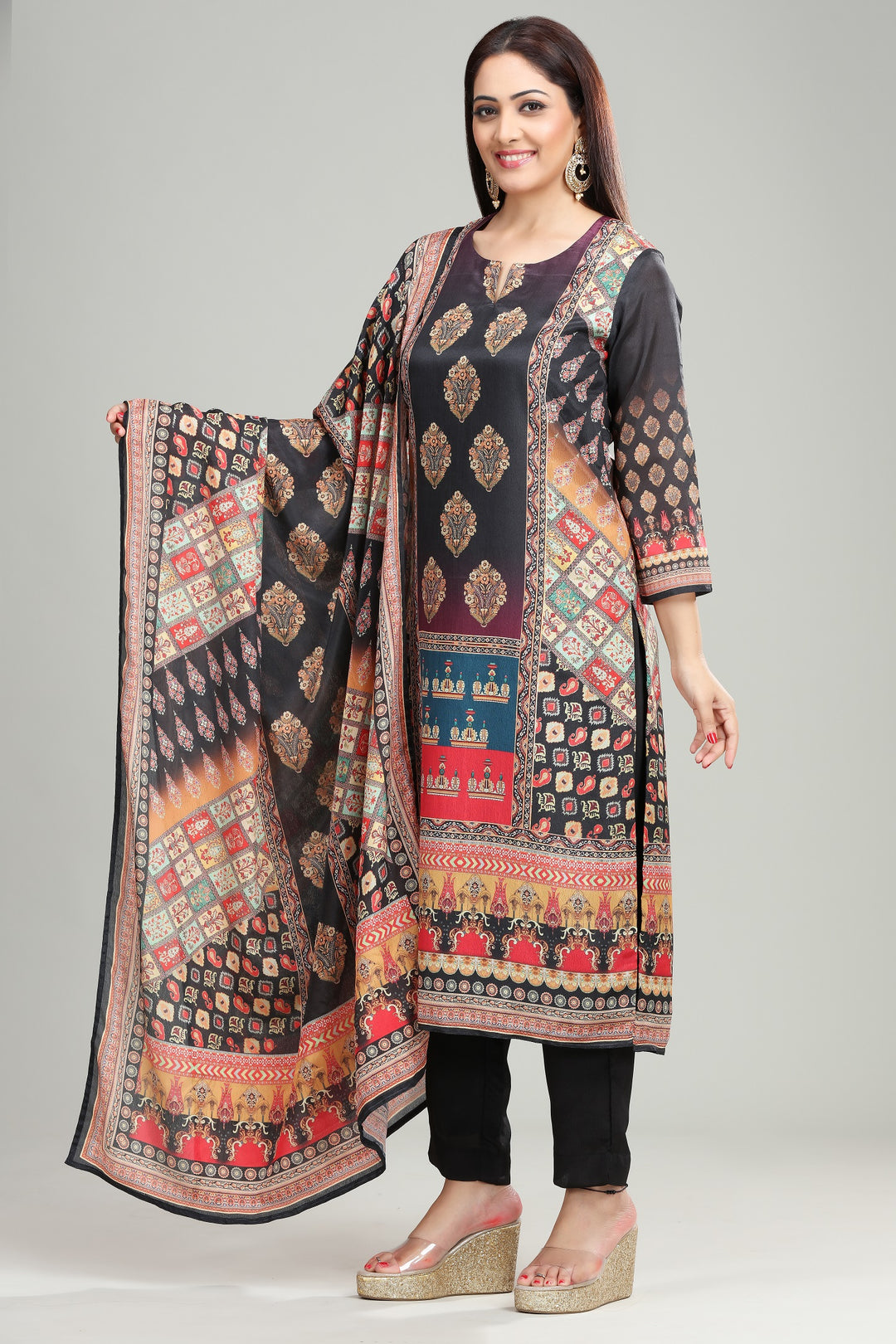 Black Viscose Straight Printed Kurta Pant Suit Set