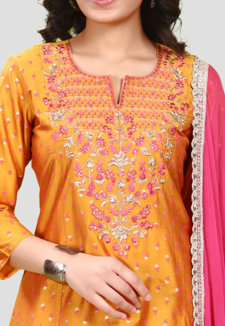 Orange PolySilk A Line Embroidered Kurta Pant Suit Set