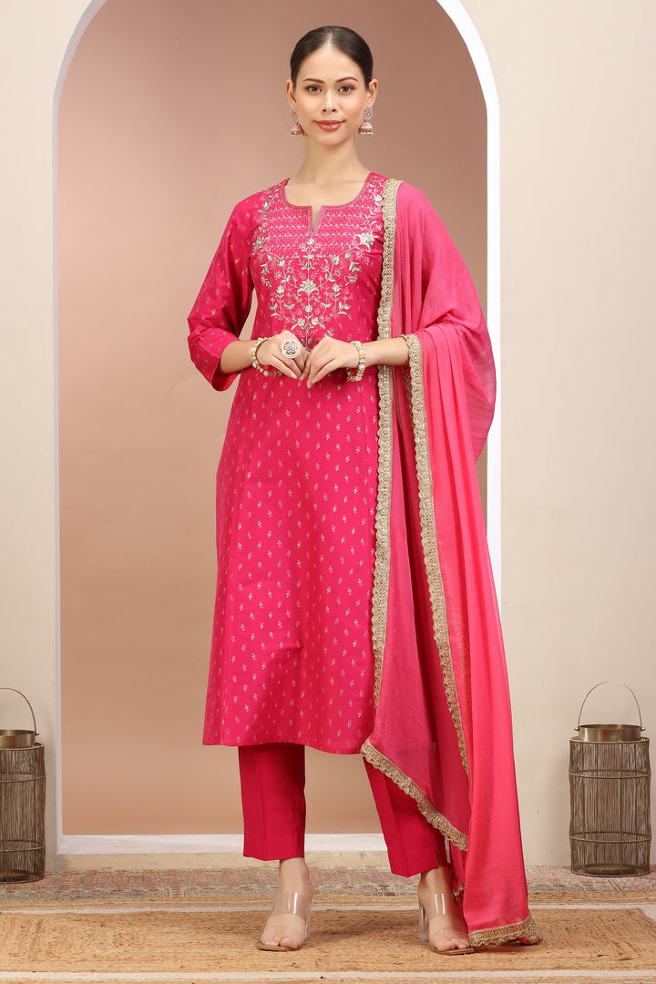 Rani Pink PolySilk Embroidered A Line Kurta Pants and Dupatta Set