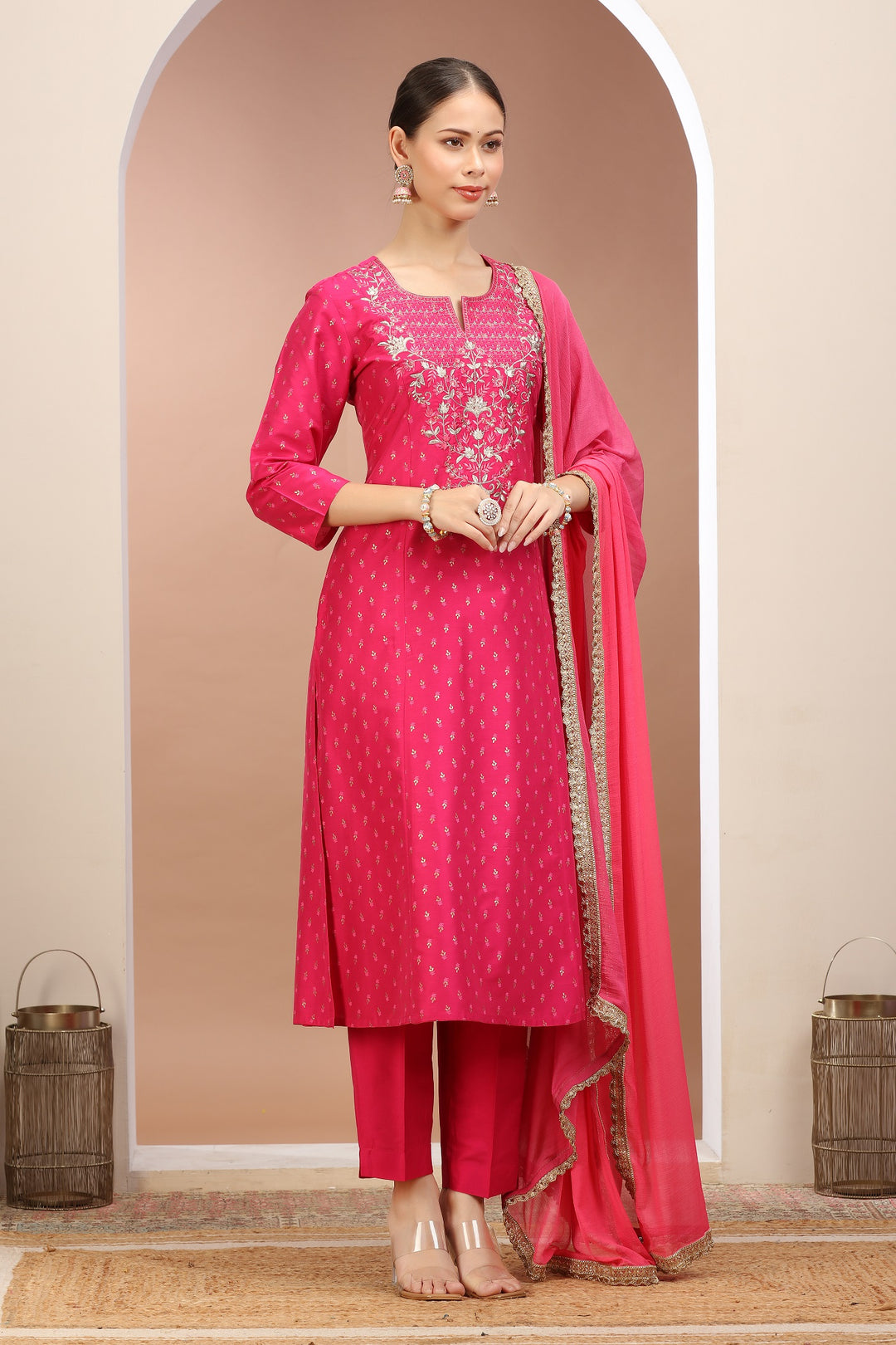 Rani Pink PolySilk Embroidered A Line Kurta Pants and Dupatta Set