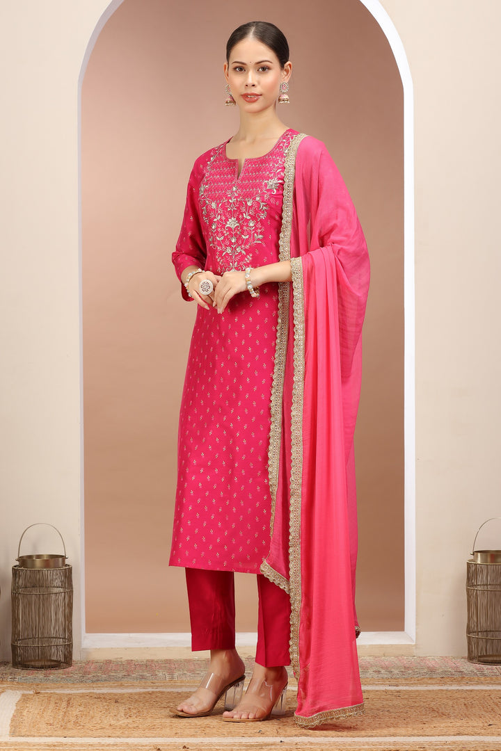 Rani Pink PolySilk Embroidered A Line Kurta Pants and Dupatta Set