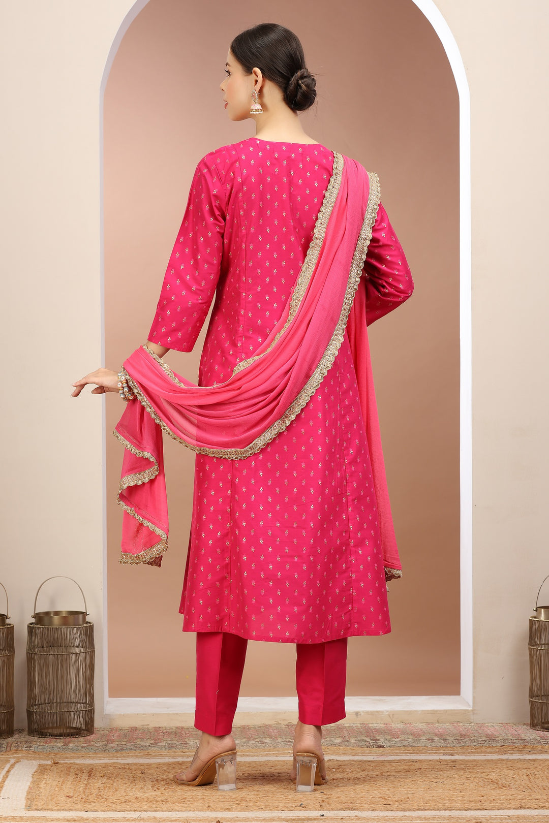 Rani Pink PolySilk Embroidered A Line Kurta Pants and Dupatta Set