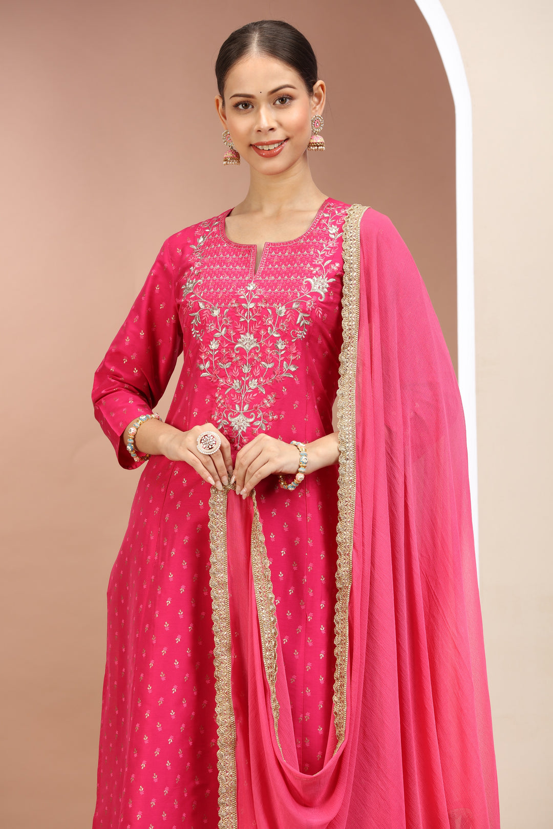 Rani Pink PolySilk Embroidered A Line Kurta Pants and Dupatta Set