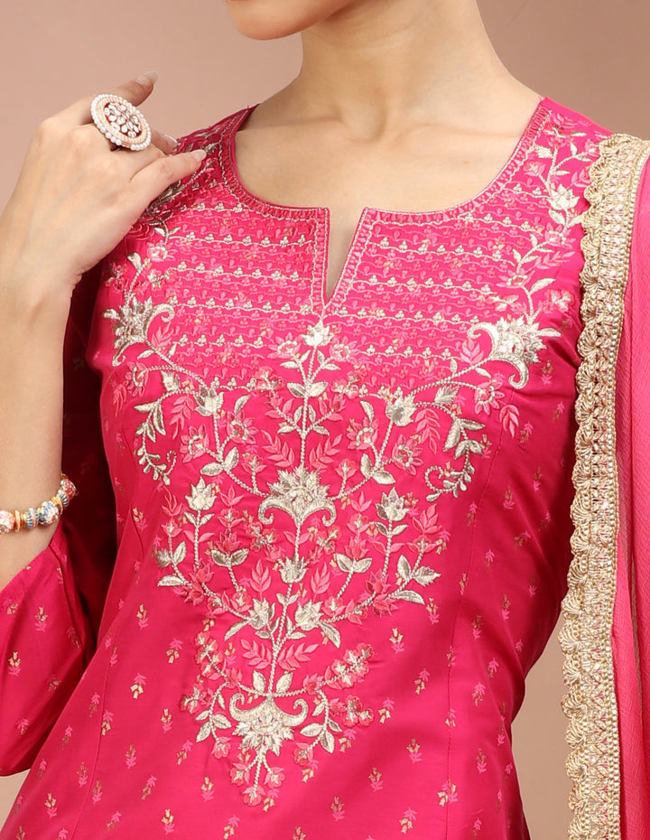 Rani Pink PolySilk Embroidered A Line Kurta Pants and Dupatta Set