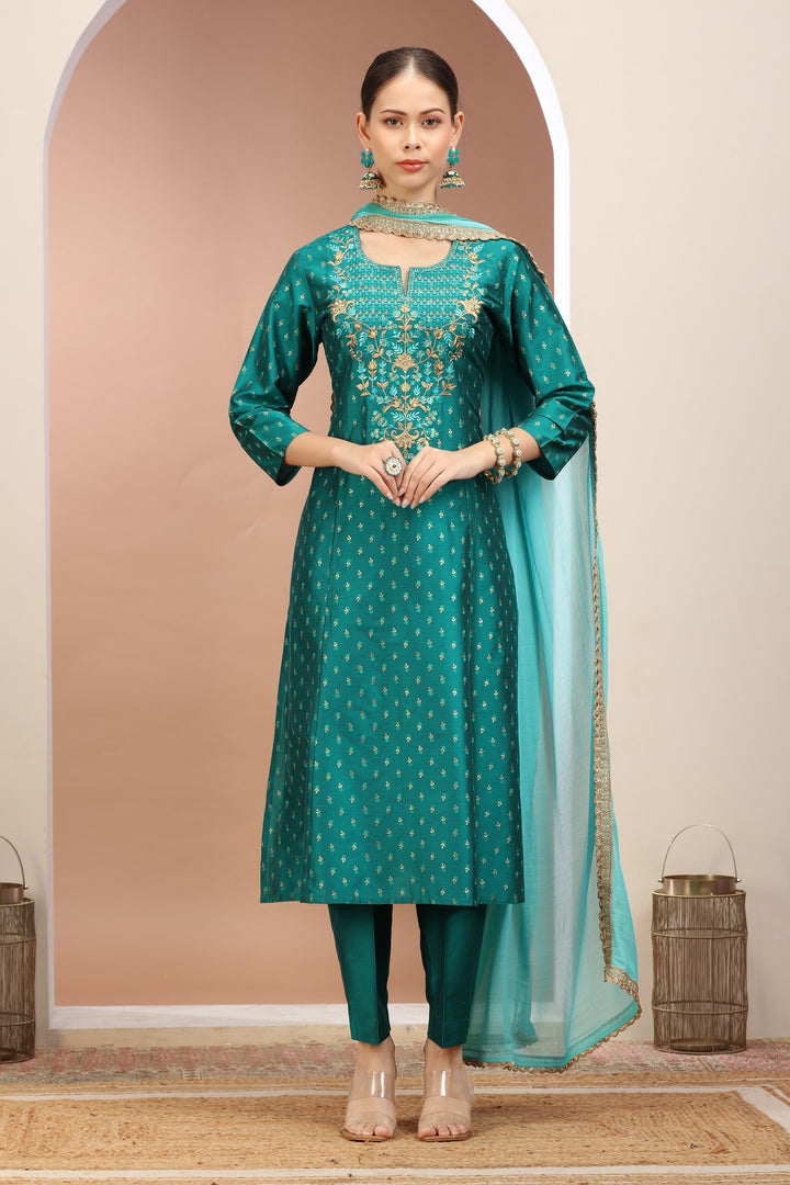 Teal PolySilk Embroidered A Line Kurta Pants and Dupatta Set